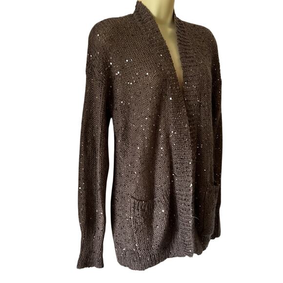 Express Size M Sequin Embellished Taupe Cardigan Sweater Open Front Pockets - Picture 2 of 9
